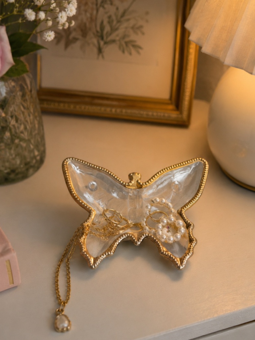 Vintage MCM Dainty Jeannette Glass Gold Trim Coquette Butterfly Trinket Dish